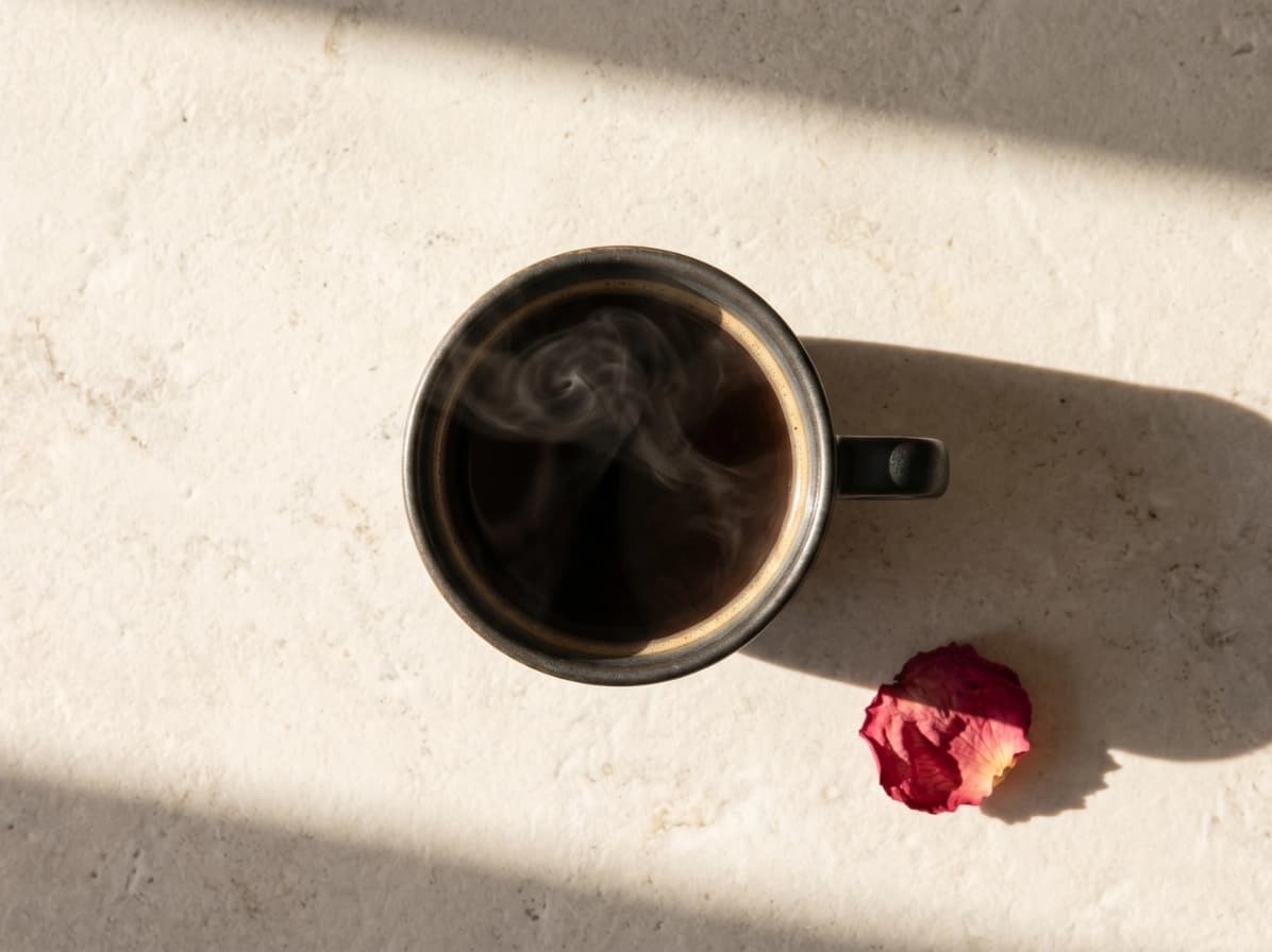 A cup of black coffee on a sunlit table