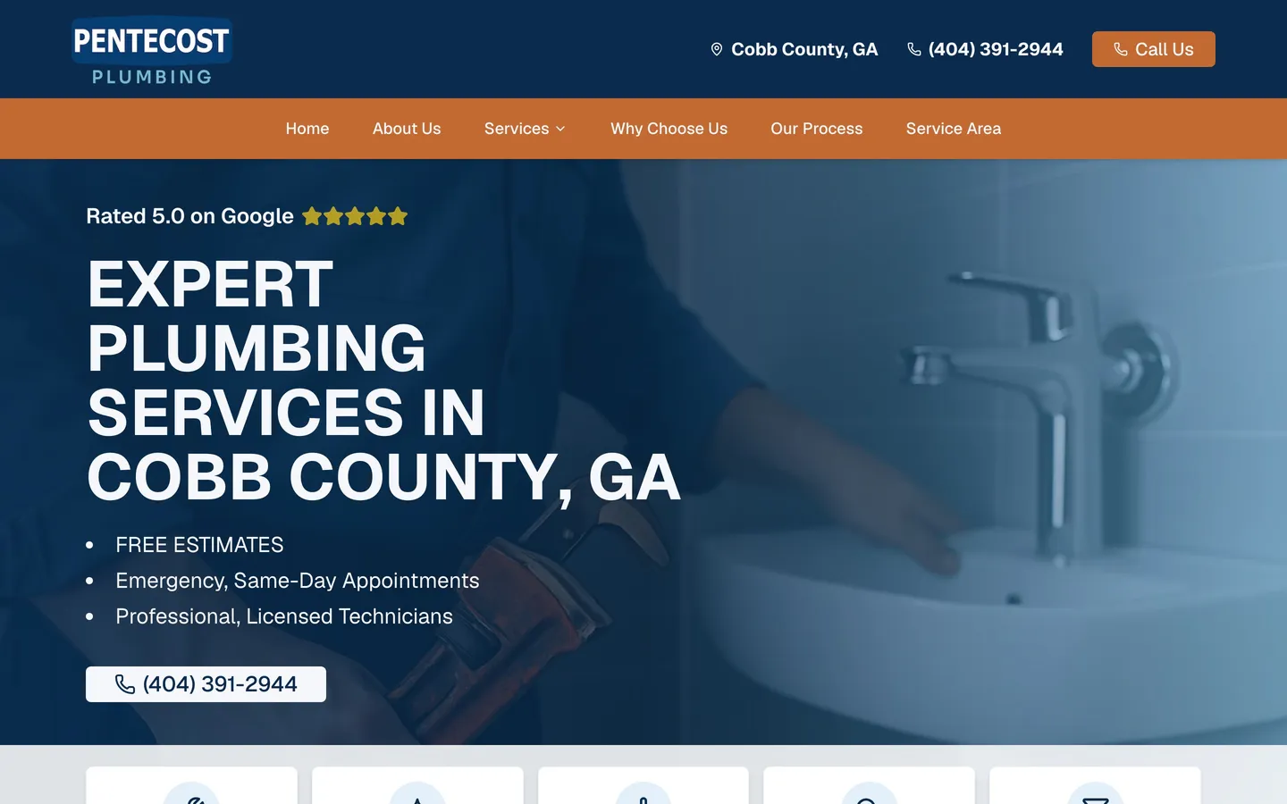 The Pentecost Plumbing homepage, a site we built